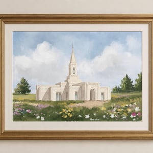 May include: A framed painting of a white building with a tall steeple, set against a blue sky with fluffy clouds. The building is surrounded by a field of colorful wildflowers and green grass. The frame is gold.