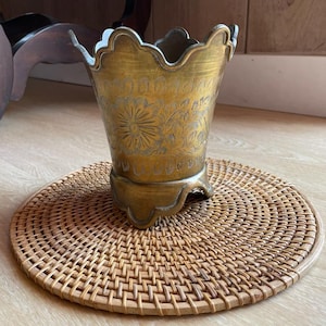 Vintage Etched Brass Footed Cachepot Planter - Scalloped Floral Urn Vessel - Mid-Century Indian Brassware - Boho Chic Tabletop Decor