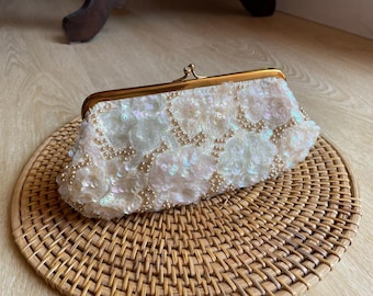 Pochette da sera vintage Jolles originale con perline e paillettes - Borsa da sposa con perle iridescenti e paillettes - Borsa per cellulare con chiusura a scatto e strass in stile metà secolo