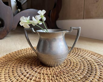 Vintage Old English Genuine Pewter Sugar Bowl | Dual Handled Artisan Pewter Bud Vase | Antique Windmill Stamp Decorative Metal Cup