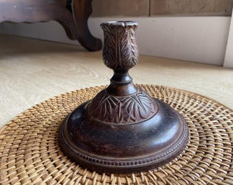 Mixed Media Candlestick Holder | Hand Carved Wood Acanthus Leaf Taper Base | Vintage French Country Renaissance Table Decor