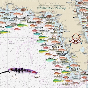 Florida Saltwater Fishing Chart - Gyotaku Fish Rubbing - Digital Art - Fine Art Print 13&quot;x19&quot;