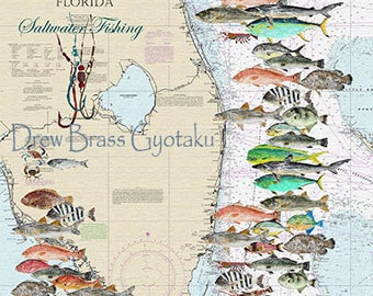 Fishing Chart Gyotaku Fish Rubbing Digital Art Fine Art Print
