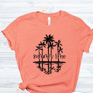 May include: A coral colored t-shirt with a black silhouette of palm trees and the text "summer time" printed on the front.