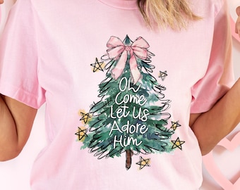 Christian Christmas Tree Shirt, Oh Come Let Us Adore Him Tee