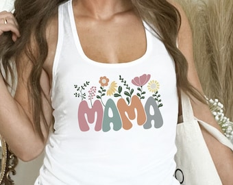 Mama Floral Racerback Tank Top, Retro Mother's Day Gift