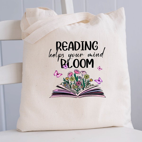 Reading Helps Your Mind Bloom Bag, Librarian Tote Bag, Reading Tote Bag, Book Lover Bag, English Teacher Gift Bag, Teacher Book Gift Bag