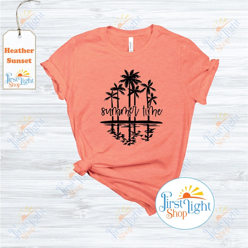 May include: A coral colored t-shirt with a black silhouette of palm trees and the text "summer time" printed on the front.