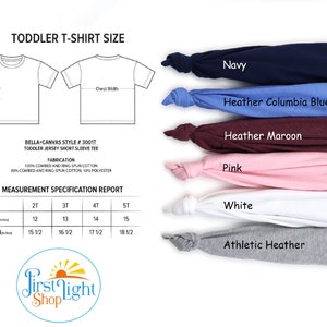 May include: A size chart for toddler t-shirts with different color options. The chart shows the chest and length measurements for sizes 2T, 3T, 4T, and 5T. The color options are Navy, Heather Columbia Blue, Heather Maroon, Pink, White, and Athletic Heather.