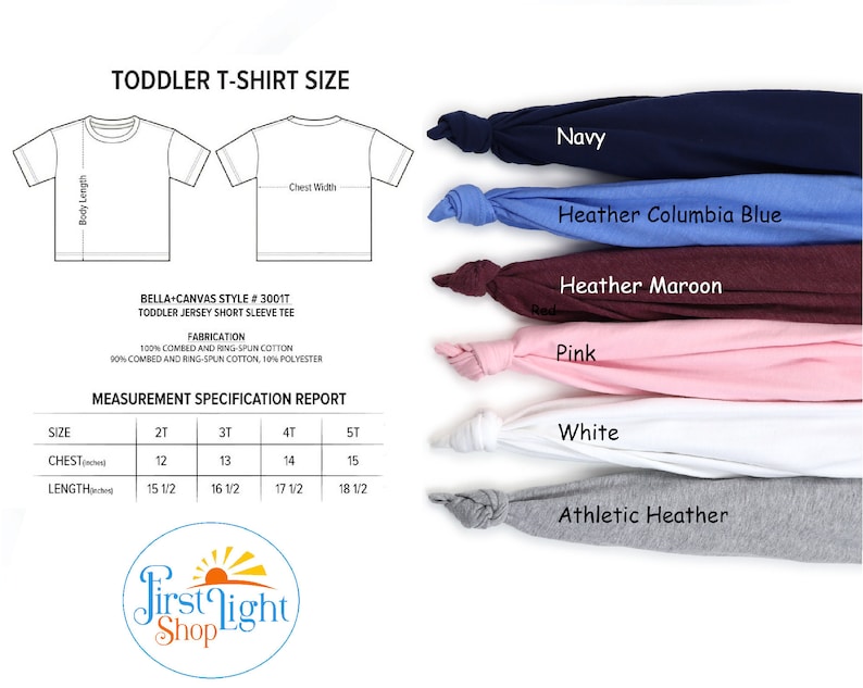 May include: A size chart for toddler t-shirts with different color options. The chart shows the chest and length measurements for sizes 2T, 3T, 4T, and 5T. The color options are Navy, Heather Columbia Blue, Heather Maroon, Pink, White, and Athletic Heather.