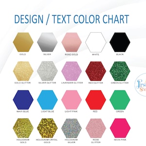 K&ouml;nnte beinhalten: Farbkarte mit verschiedenen Design- und Textfarbenoptionen f&uuml;r kundenspezifische Projekte. Die Farben umfassen Gold, Silber, Ros&eacute;gold, Wei&szlig;, Schwarz, Goldglitter, Silberglitter, Lavendelglitter, Rotglitter, Gr&uuml;nglitter, Marineblau, Hellblau, Hellrosa, Rot, Gr&uuml;n, Hologrammgold, Hologrammkristallgold, Hologramm Silber, Ros&eacute;glitter und Neonrosa.