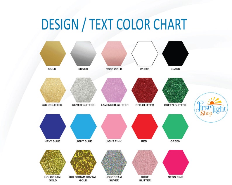 K&ouml;nnte beinhalten: Farbkarte mit verschiedenen Design- und Textfarbenoptionen f&uuml;r kundenspezifische Projekte. Die Farben umfassen Gold, Silber, Ros&eacute;gold, Wei&szlig;, Schwarz, Goldglitter, Silberglitter, Lavendelglitter, Rotglitter, Gr&uuml;nglitter, Marineblau, Hellblau, Hellrosa, Rot, Gr&uuml;n, Hologrammgold, Hologrammkristallgold, Hologramm Silber, Ros&eacute;glitter und Neonrosa.