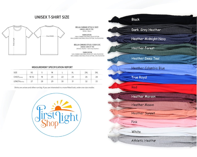 May include: Unisex t-shirt size chart with measurements in inches. The chart shows the chest and length measurements for sizes XS to 3XL. The chart also includes a list of available t-shirt colors, including black, dark grey heather, heather midnight navy, heather forest, heather deep teal, heather columbia blue, true royal, red, heather maroon, heather mauve, heather sunset, pink, white, and athletic heather.
