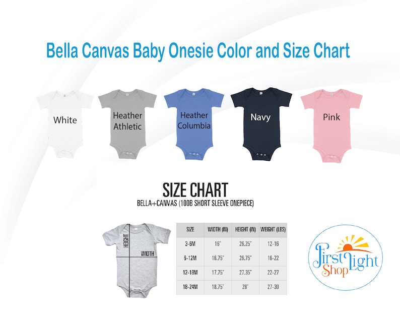 May include: Size chart for Bella + Canvas baby onesies. The chart shows the size, width, height, and weight for each size. The onesies are available in white, heather athletic, heather columbia, navy, and pink.