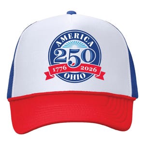 May include: A white, blue, and red trucker hat with a curved brim. The front panel features a circular emblem with the text "AMERICA 250" and "1776 2026 OHIO". The hat has a blue mesh back and a red brim.
