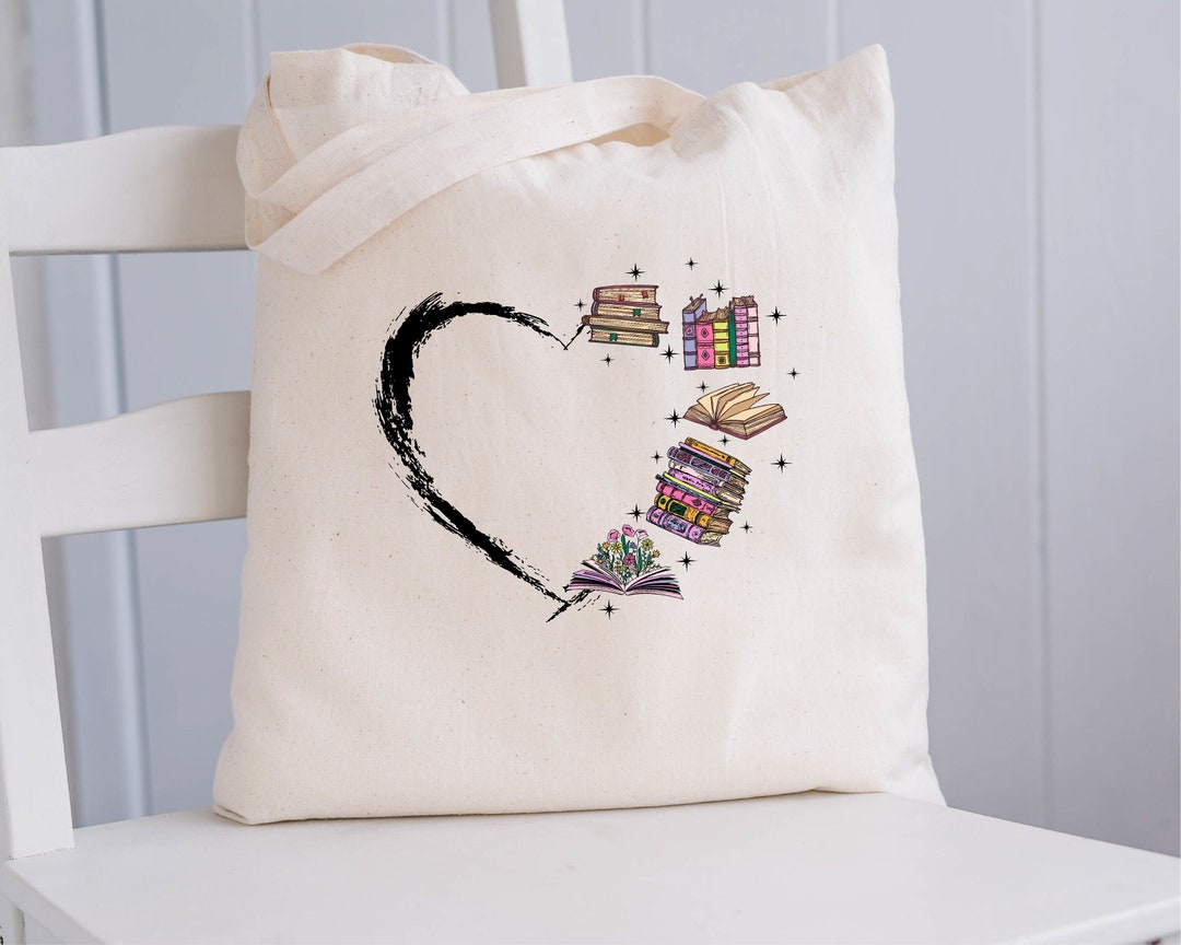 Book Heart Tote Bag, Book Lover Tote Bag, Reading Bag, Graphic Tote Bag