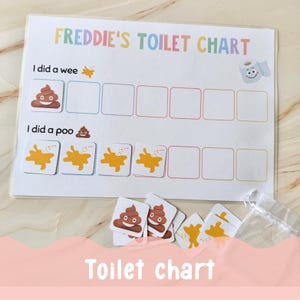 May include: A white toilet chart with the text "Freddie's Toilet Chart" in colourful letters. The chart includes spaces for tracking "I did a wee" and "I did a poo" with corresponding emoji stickers. A small bag of stickers is included.