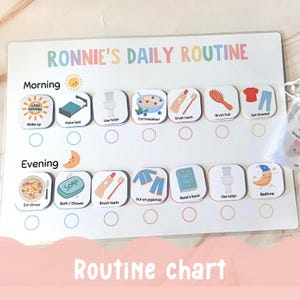 May include: A white daily routine chart with colourful illustrations and text. The chart is divided into morning and evening sections, with tasks like "Wake up," "Eat breakfast," and "Bedtime." The text "RONNIE'S DAILY ROUTINE" is at the top.