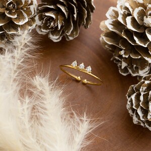 May include: A gold-coloured adjustable ring featuring three clear gemstones. The ring is displayed with pine cones with white detailing and soft, white feathers, creating a natural, elegant aesthetic.