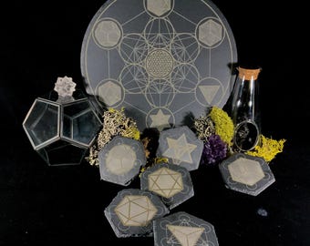 Platonic Solids Table Set/ Metatrons Cube Stone Coasters / Beermat/ Candle Stand/ Altar Decor/ Charcuterie Board / Serving Tray /Centerpiece