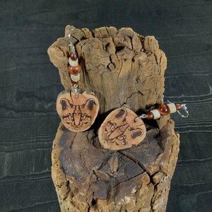 Ocelot Natural Manzanita Wood Earrings / Wild Cat Theme / Natural Wood & Bone Jewelry