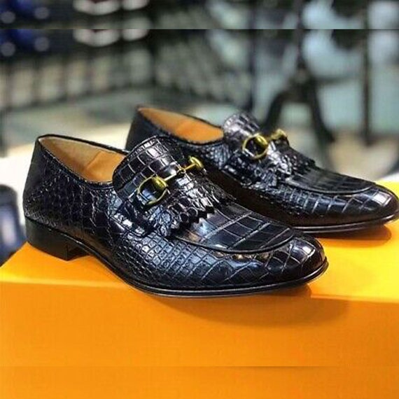 Handmade Men's Black Alligator Print Leather Shoe 