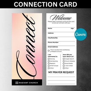 Elegante cartão de conexão da igreja rosa e preto, modelo de cartão de conexão da igreja personalizável, modelo de cartão de boas-vindas da igreja, cartão de visitante da igreja