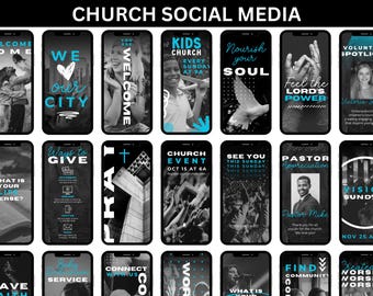 May include: A collage of 16 black and white images with blue and white text overlays. The images are of people, a church building, and a variety of other scenes. The text includes phrases like "Welcome Home", "We Love Our City", "Kids Church", "Nourish Your Soul", "Feel the Lord's Power", "Volunteer Spotlight", "What is Your Life Verse?", "Ways to Give", "Church Event", "See You This Sunday", "Pastor Appreciation", "Vision Sunday", "Have Faith", "Service", "Connect With Us", "Worship", "Find Community", and "Created to Worship".