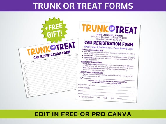 Trunk or Treat Sign Up Form, Registration Trunk or Treat, Trunk or Treat Form, Form for Trunk or Treat, Church Trunk or Treat Sign Up Form