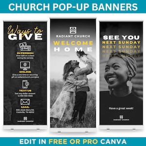 Church Retractable Banner Canva Template Black and white banner editable template in Canva Eye-catching church pop-up banner