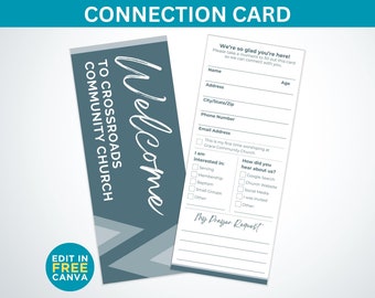 May include: A welcome card for Crossroads Community Church. The card has a blue and gray design with a welcome message and a form for visitors to fill out with their name, address, phone number, email address, and information about their interests and how they heard about the church.