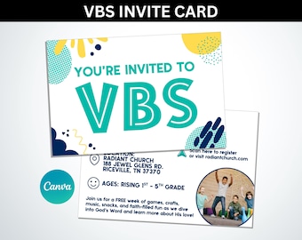 VBS Flyer, VBS Invite-Karte in kräftigen, leuchtenden Farben, VBS-Flyer bearbeitbar in Canva, Ferien-Bibel-Schule-Flyer-Vorlage in Canva, Kirchenlager-Flyer