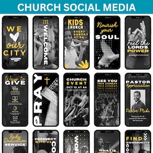 May include: A collection of 16 social media graphics for a church. The graphics feature a variety of themes, including worship, community, and outreach. The graphics are designed in a modern style with a black and white color scheme and yellow accents.