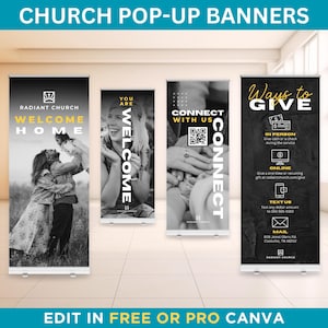 Church Retractable Banner Canva Template. Black and white banner editable template in Canva. Eye-catching church pop-up banner.