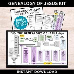 May include: A Genealogy of Jesus kit featuring a large chart titled The Genealogy of Jesus with black lines connecting names in grey, green, and purple boxes. Includes Bible study sheets labeled Session 1, Session 2, and Session 3 with text.