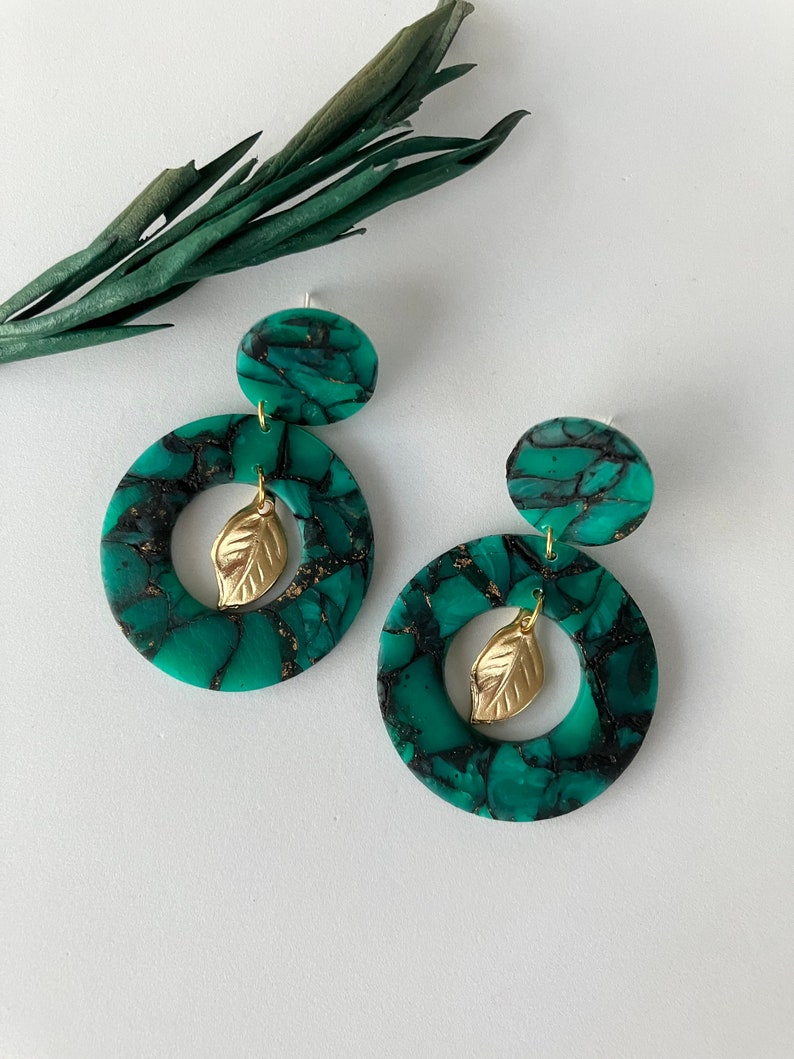 Green Translucent Earring / Circle Polymer Clay Earring / Dark Green Statement Earring / Hollow Earring image 4