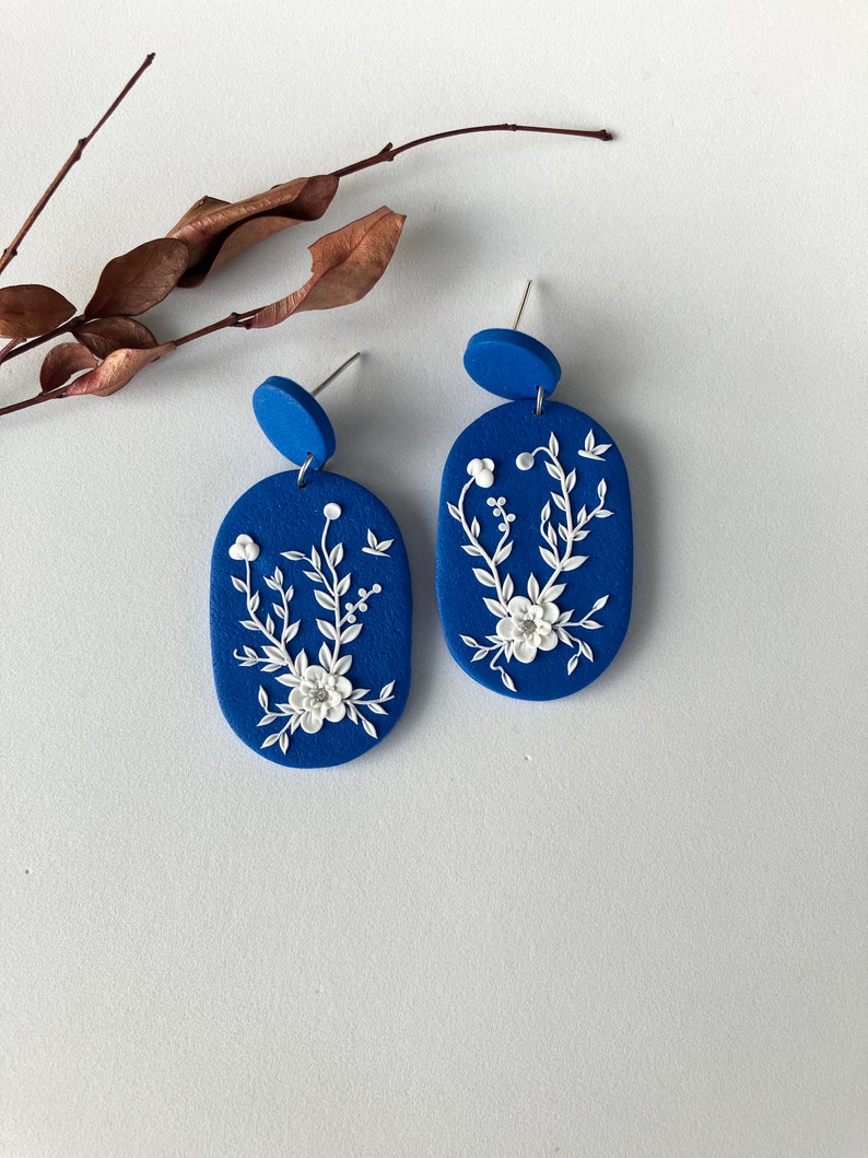 White Flower Polymer Clay Earring for women, Royal Blue Floral Earring, Garden Earring for gift, Embroidery Earring, Floral Jewelry image 1