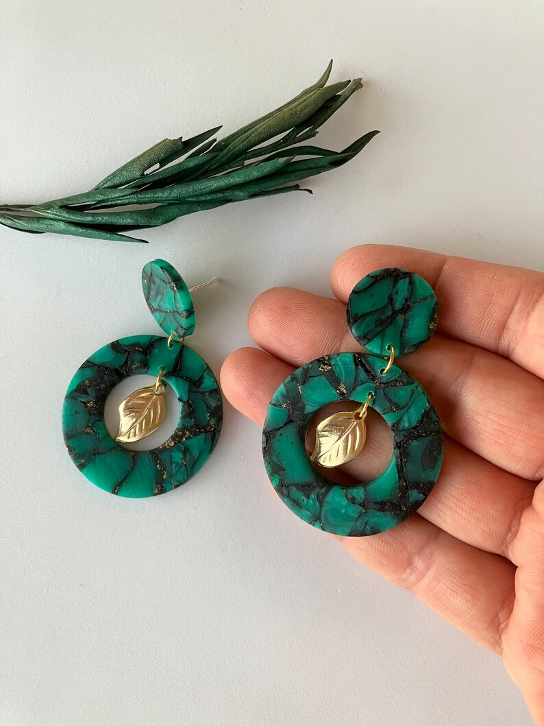 Green Translucent Earring / Circle Polymer Clay Earring / Dark Green Statement Earring / Hollow Earring zdjęcie 6