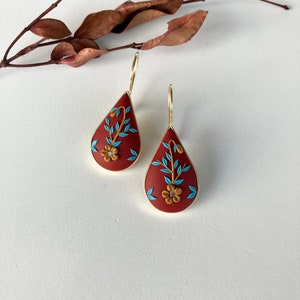 Red Floral Earring / Tiny Flower Polymer Clay Earring / Garden 925 Sterling Silver Earring / Plant Embroidered Earring