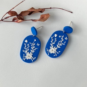 White Flower Polymer Clay Earring for women, Royal Blue Floral Earring, Garden Earring for gift, Embroidery Earring, Floral Jewelry image 7