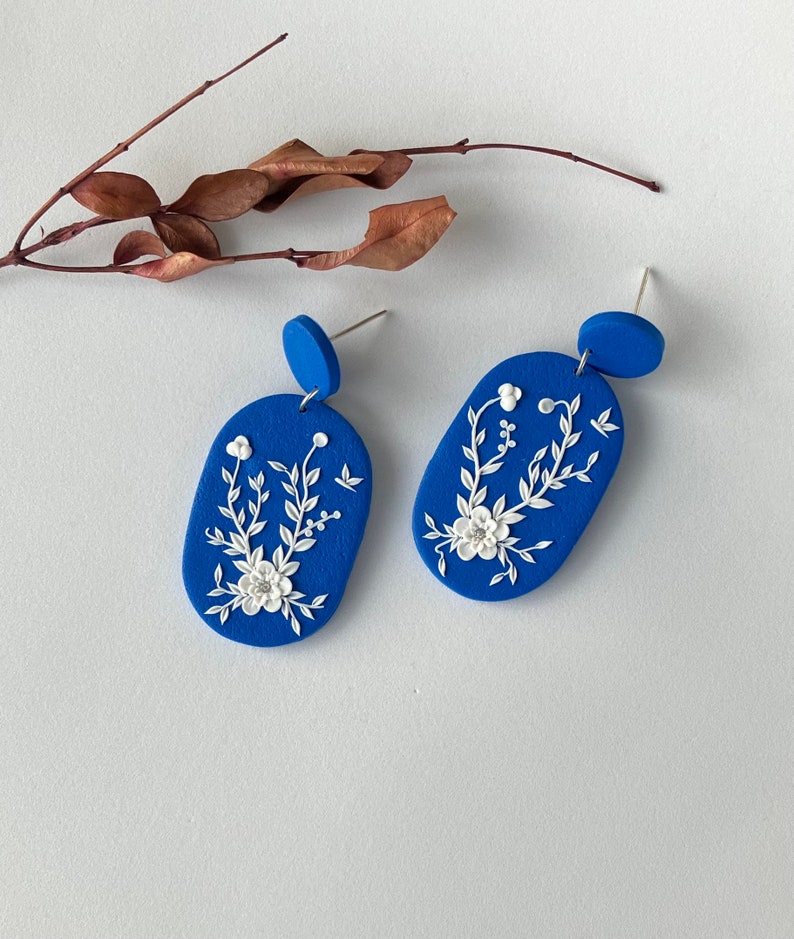 White Flower Polymer Clay Earring for women, Royal Blue Floral Earring, Garden Earring for gift, Embroidery Earring, Floral Jewelry image 7