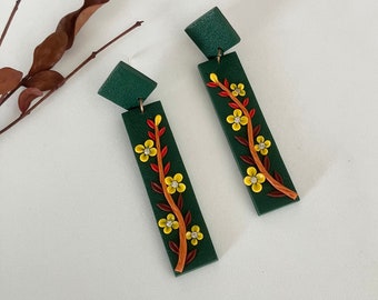 Green Floral Earring / Rectangle Branch Earring / Garden Jewelry / Plant Polymer Clay Earring / Geometric Tiny Flower Earring