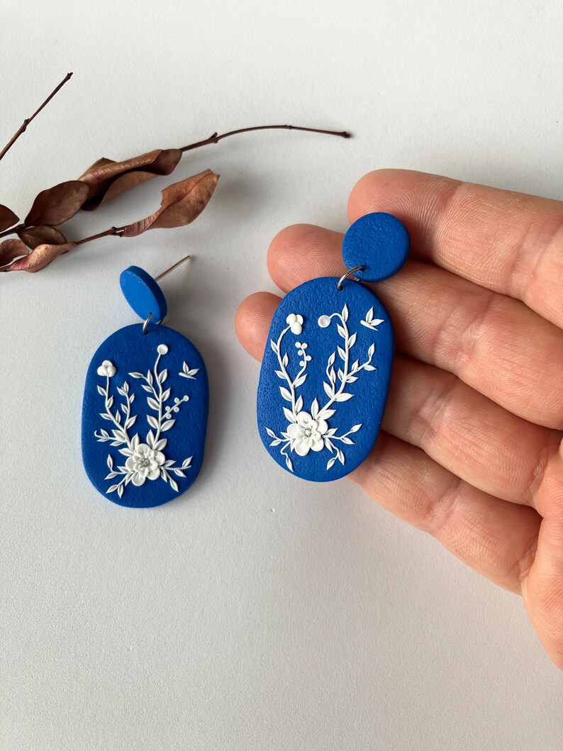 White Flower Polymer Clay Earring for women, Royal Blue Floral Earring, Garden Earring for gift, Embroidery Earring, Floral Jewelry image 3