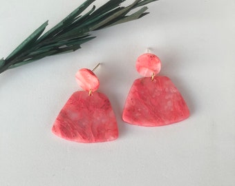 Pink Trapezoid Polymer Clay Earring / Translucent Marbled Earring for friend gift / Artisan Bright Earring for women