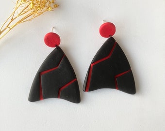 Big Polymer Clay Earring / Black Red Earring / Modern Statement Earring / Two Tone Earring