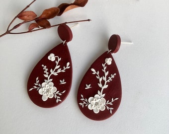 Burgundy Polymer Clay Earring / Flower Earring / Bouquet Earring / Floral Earring / Gift for plant lover / Fall Earring