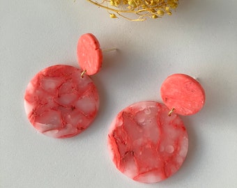 Pink Translucent Earring / Marble Polymer Clay Earring / Circle Summer Earring / Cute Aesthetic Earring / Statement Jewelry