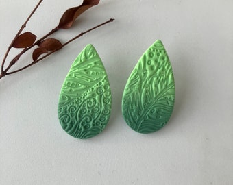 Green Textured Polymer Clay Earring / Teardrop Stud Earring for women
