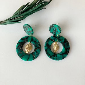 Green Translucent Earring / Circle Polymer Clay Earring / Dark Green Statement Earring / Hollow Earring image 1