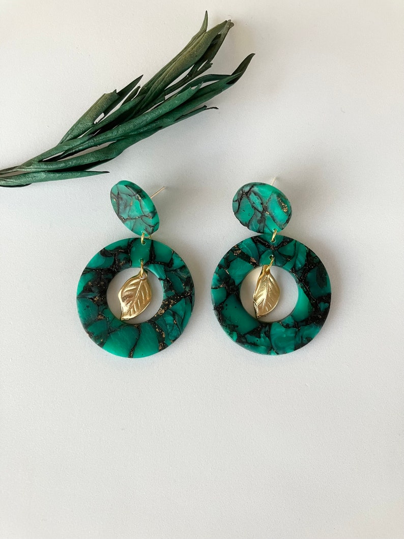 Green Translucent Earring / Circle Polymer Clay Earring / Dark Green Statement Earring / Hollow Earring image 1